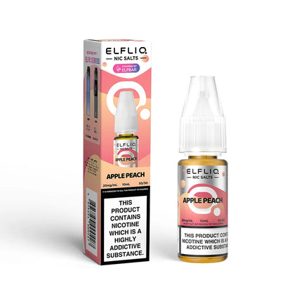 Elfliq Apple Peach e-liquid bottle and packaging on a white background