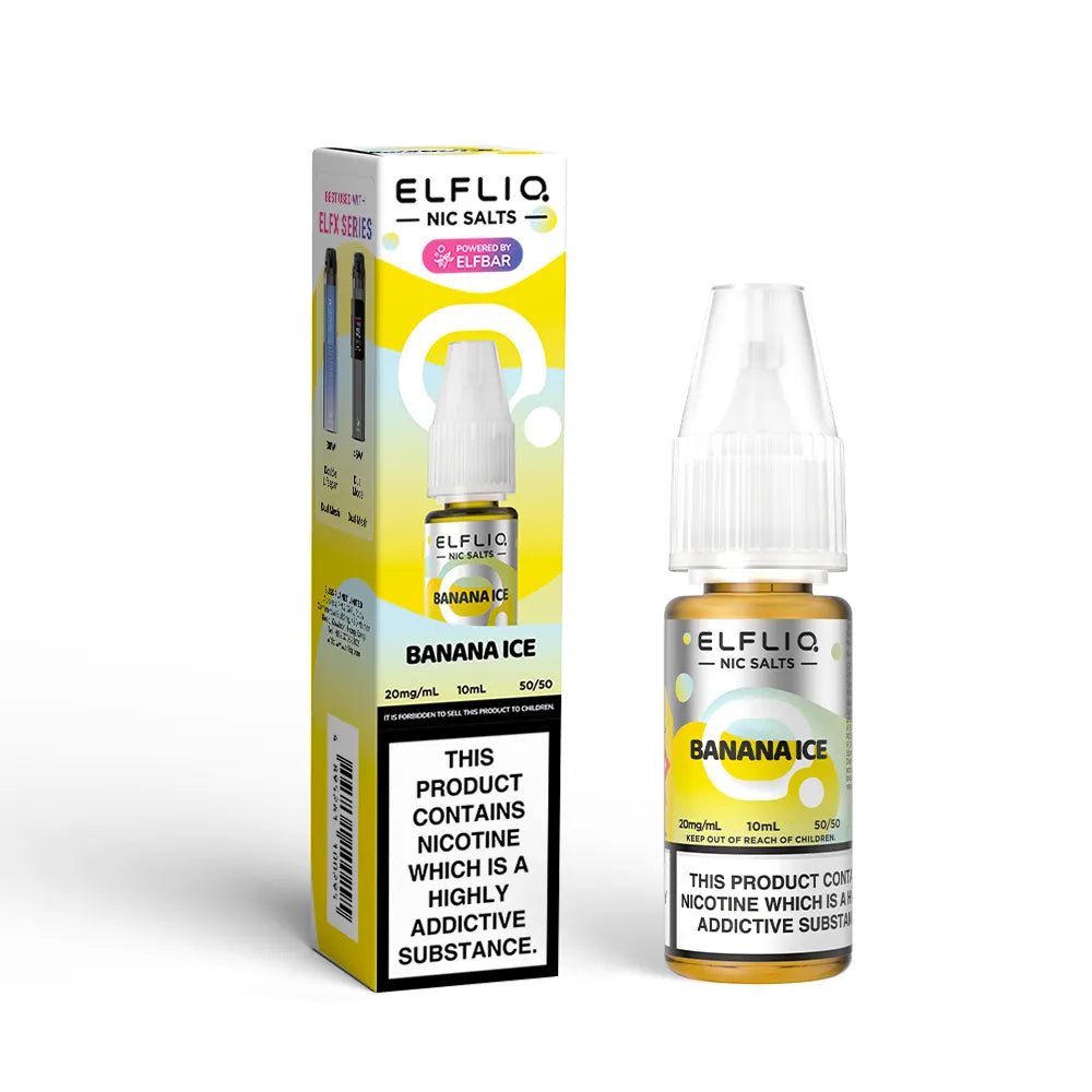 Elfliq Banana Ice e-liquid bottle and packaging on a white background