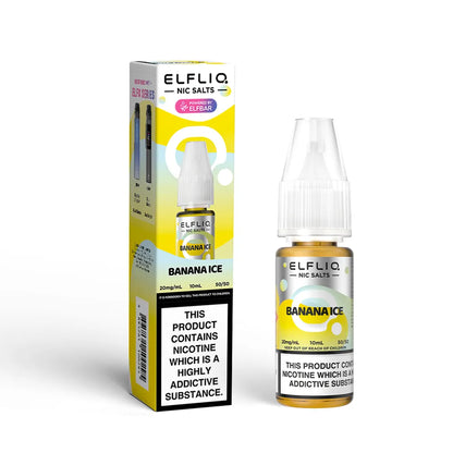 Elfliq Banana Ice e-liquid bottle and packaging on a white background