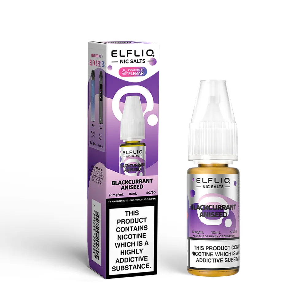 Elfliq Blackcurrant Aniseed e-liquid bottle and packaging on a white background