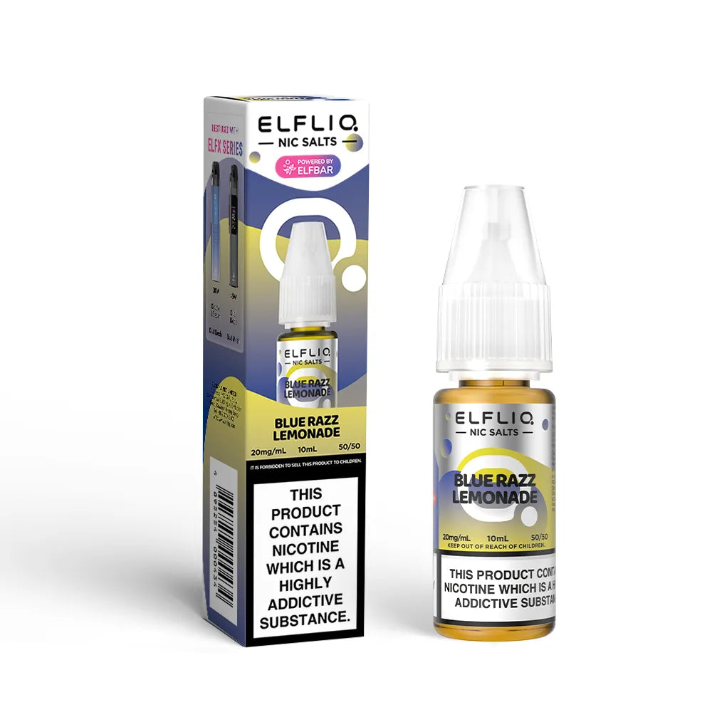 Elfliq Blue Razz Lemonade e-liquid bottle and packaging on a white background