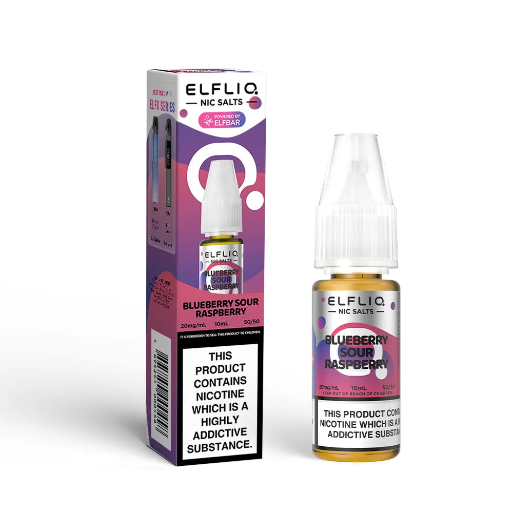 Elfliq Blueberry Sour Raspberry e-liquid bottle and packaging on a white background