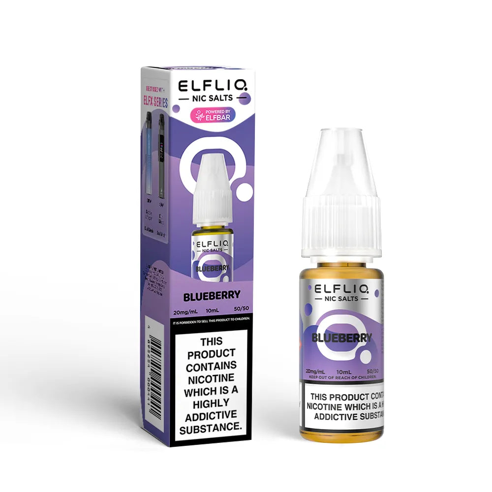 Elfliq Blueberry nicotine salt e-liquid bottle and packaging on a white background