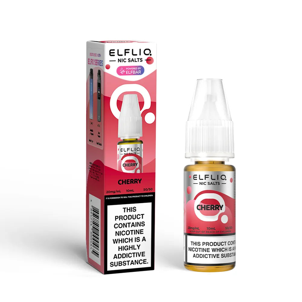 Elfliq Cherry nicotine salt e-liquid bottle and packaging on a white background