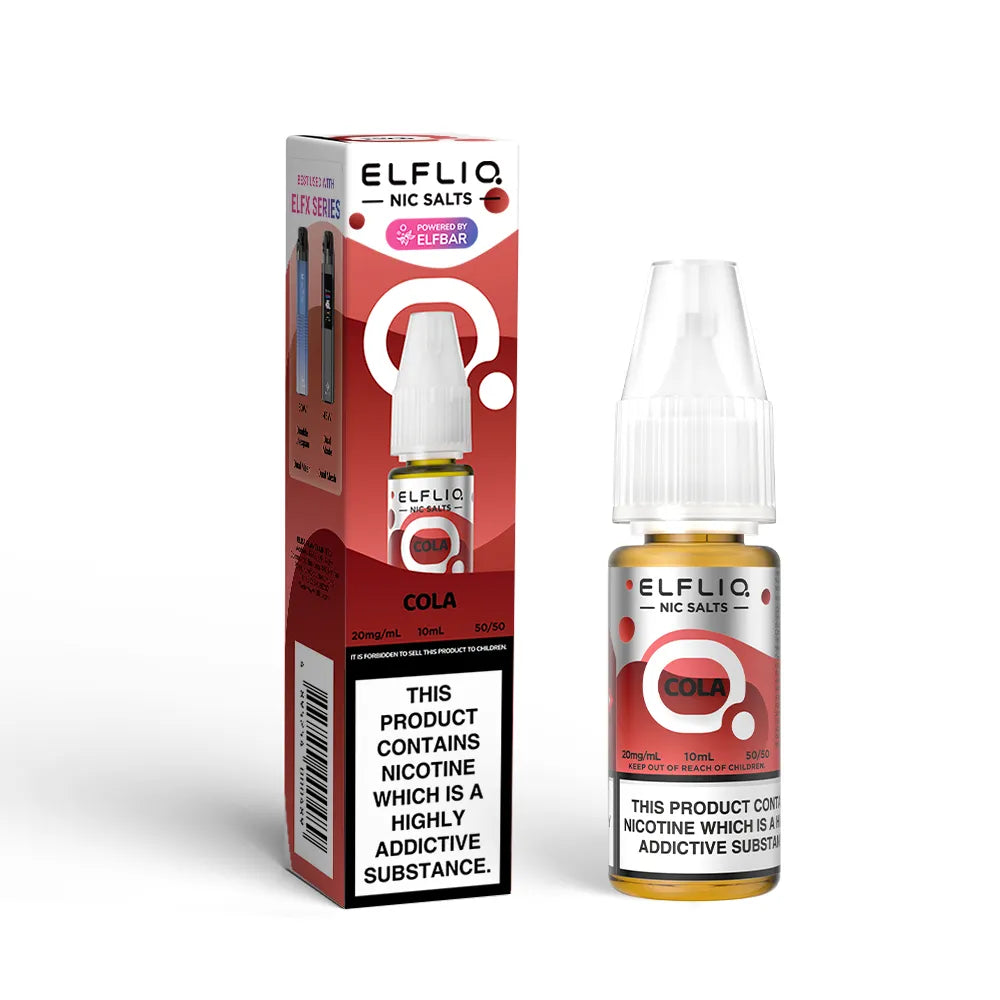 Elfliq Cola nicotine salt packaging and bottle on a white background