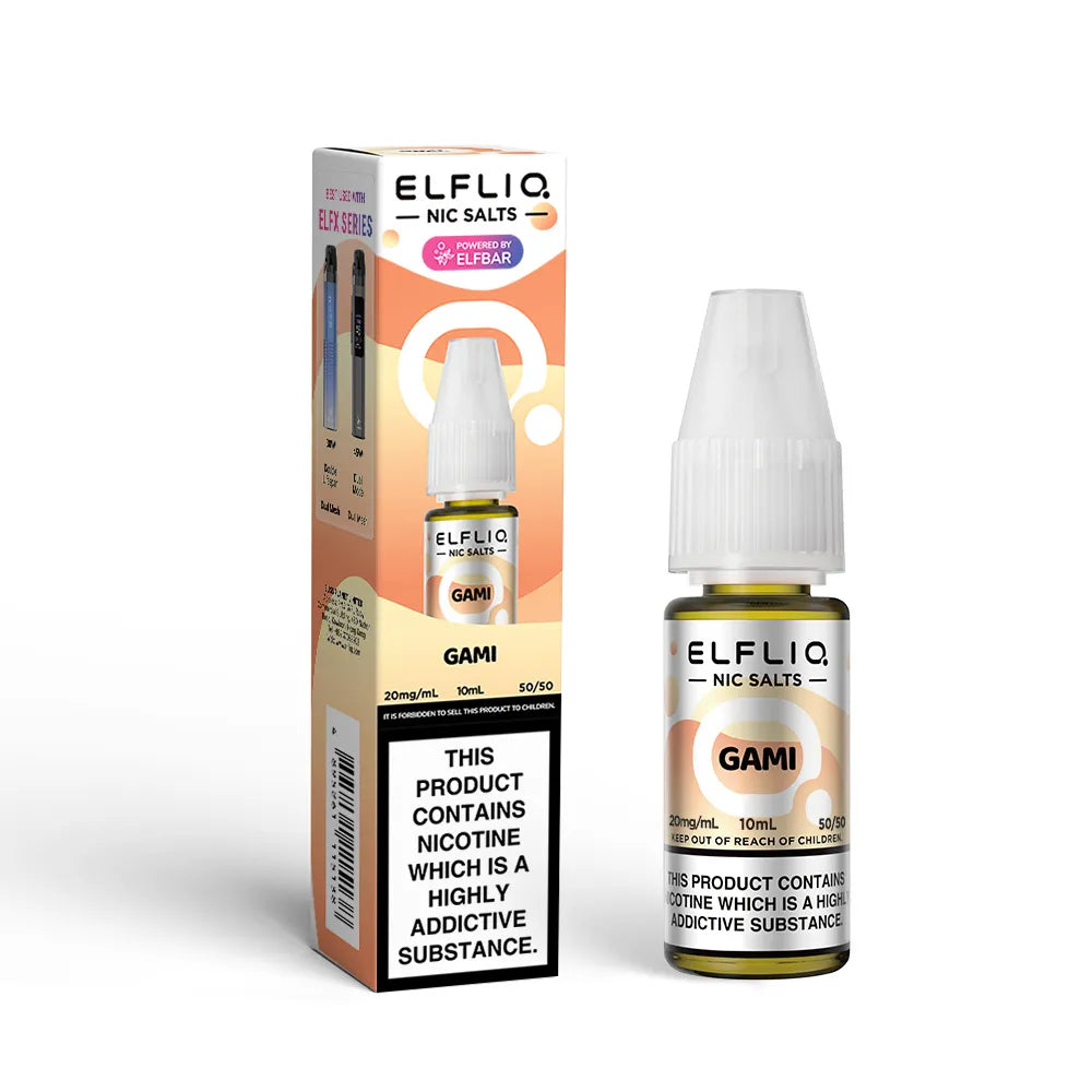Elfliq Gami nicotine salt e-liquid bottle and packaging on a white background