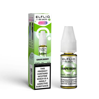 Elfliq Grape Berry nicotine salt e-liquid bottle and packaging on a white background