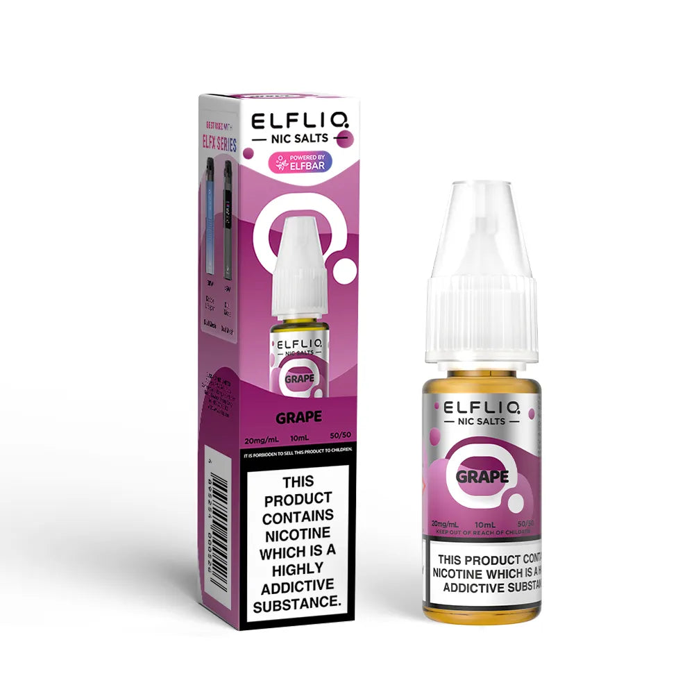 Elfliq Grape nicotine salt e-liquid bottle and packaging on a white background