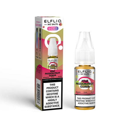 Elfliq Passion Fruit Guava vape juice bottle and packaging on a white background