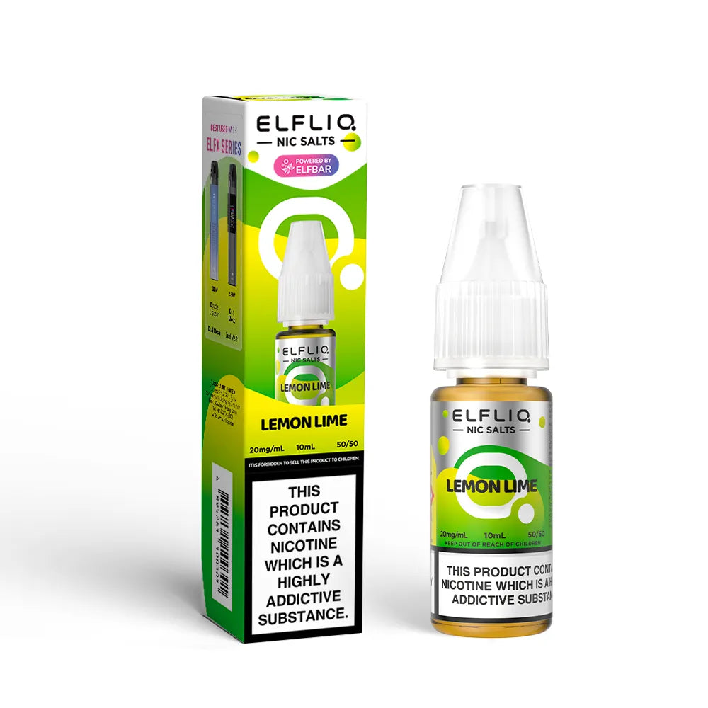 Elfliq Lemon Lime e-liquid bottle and packaging on a white background