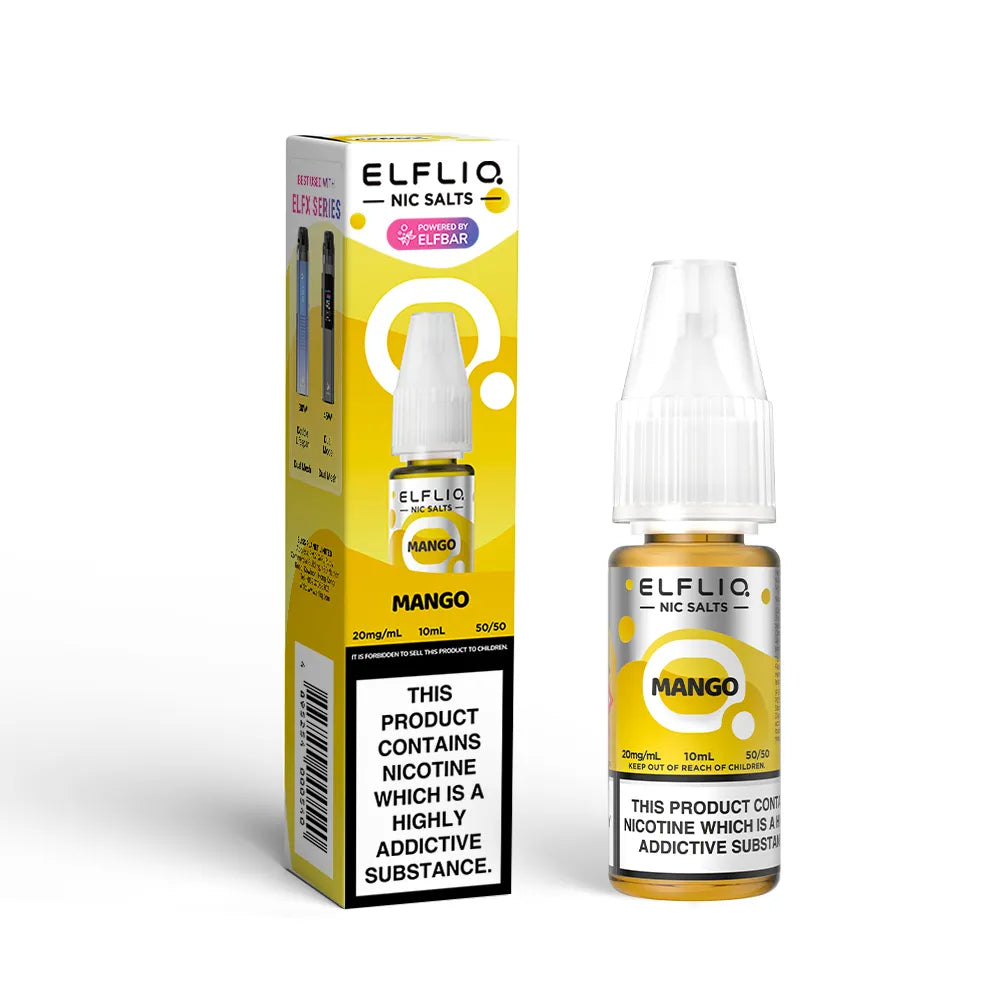 Elfliq Mango nicotine salt e-liquid bottle and packaging on a white background