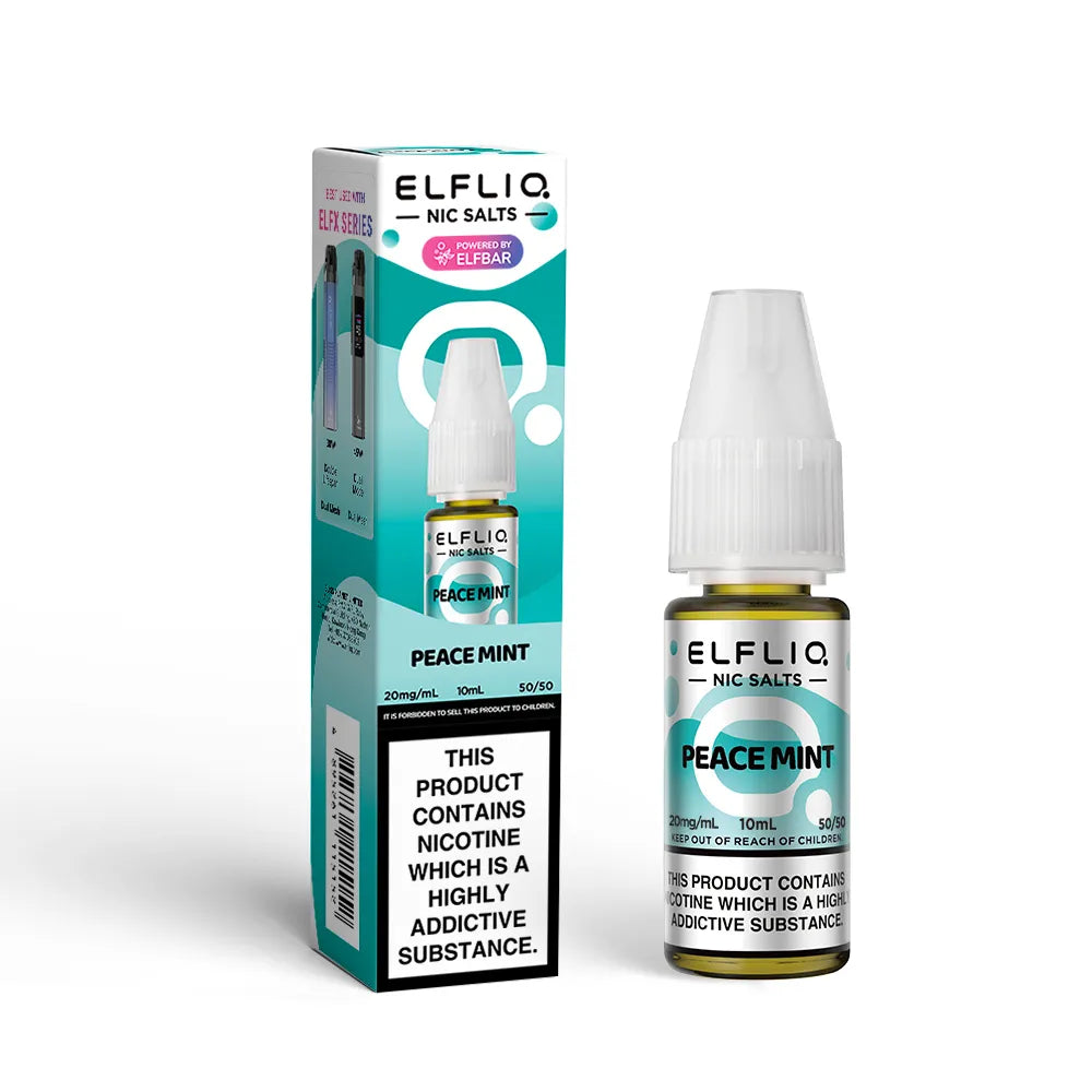 Elfliq Peace Mint nicotine salt e-liquid bottle and packaging on a white background