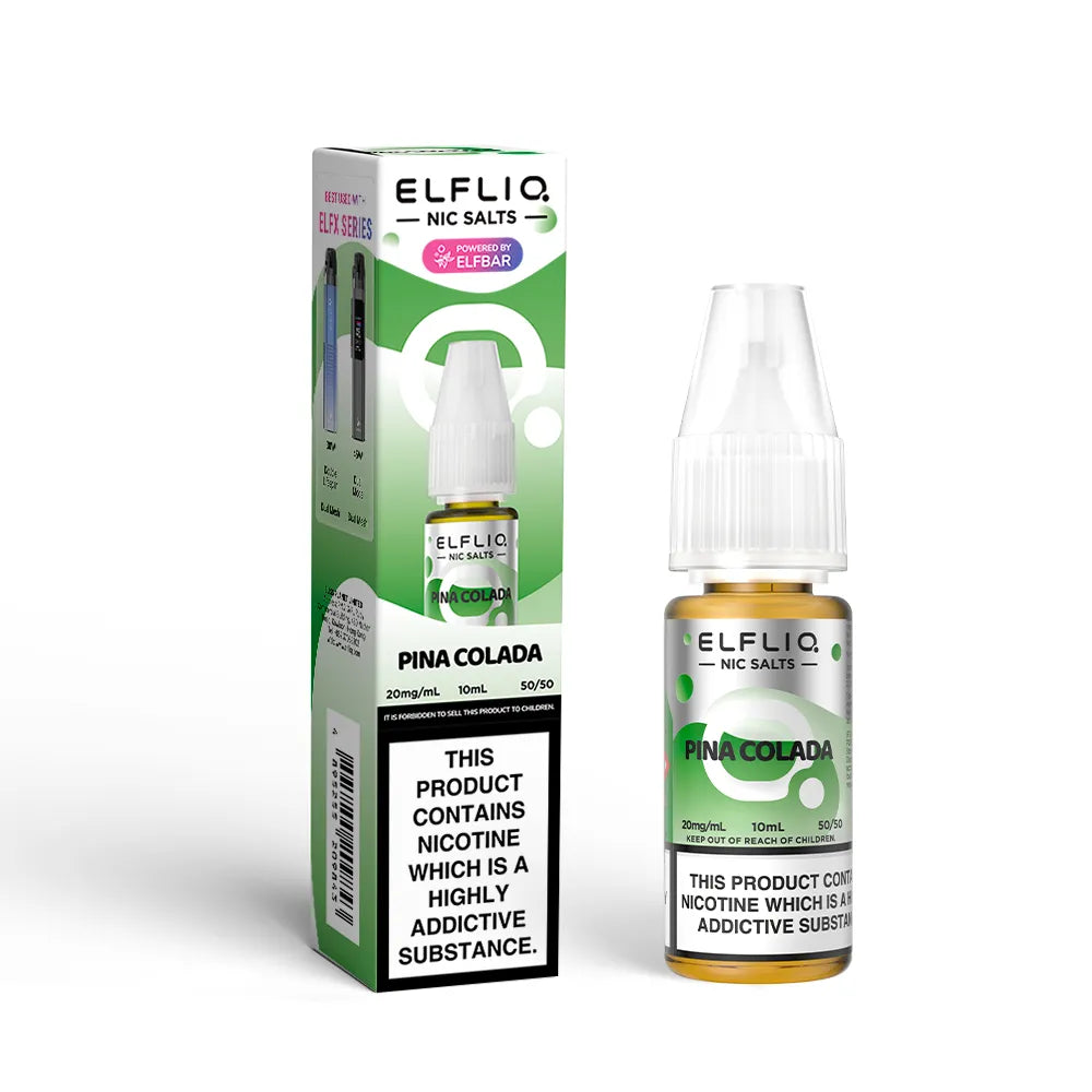 Elfliq Pina Colada nicotine salt packaging and bottle on a white background
