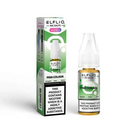 Elfliq Pina Colada nicotine salt packaging and bottle on a white background