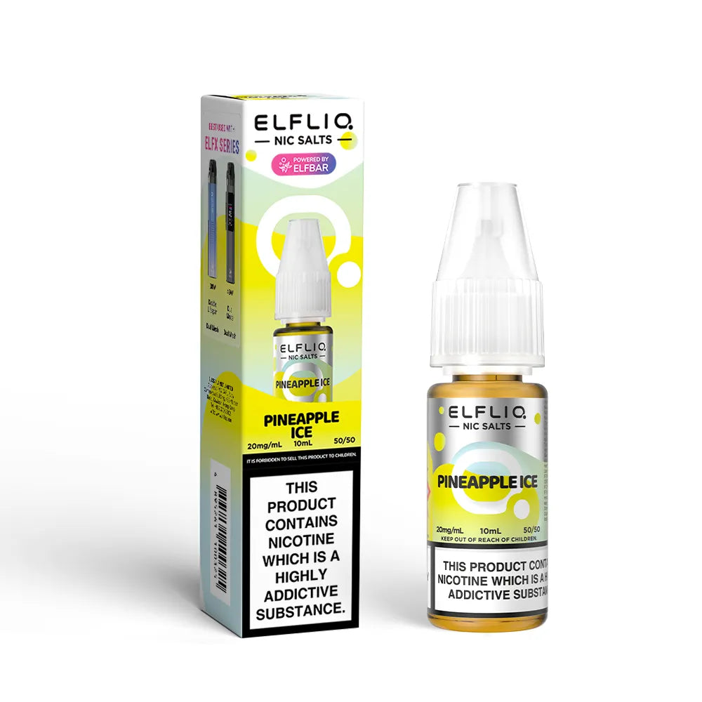 Elfliq Pineapple Ice e-liquid bottle and packaging on a white background