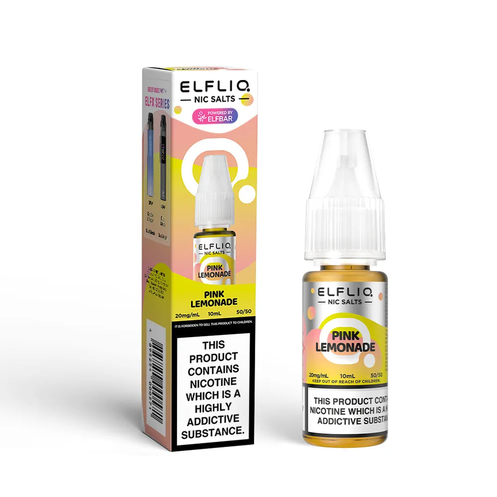 Elfliq Pink Lemonade nicotine salt e-liquid bottle and packaging on a white background