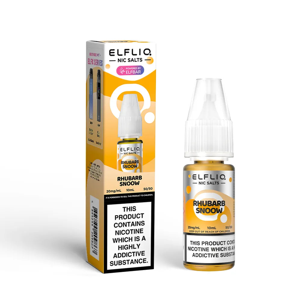 Elfliq Rhubarb Snow e-liquid bottle and packaging on a white background