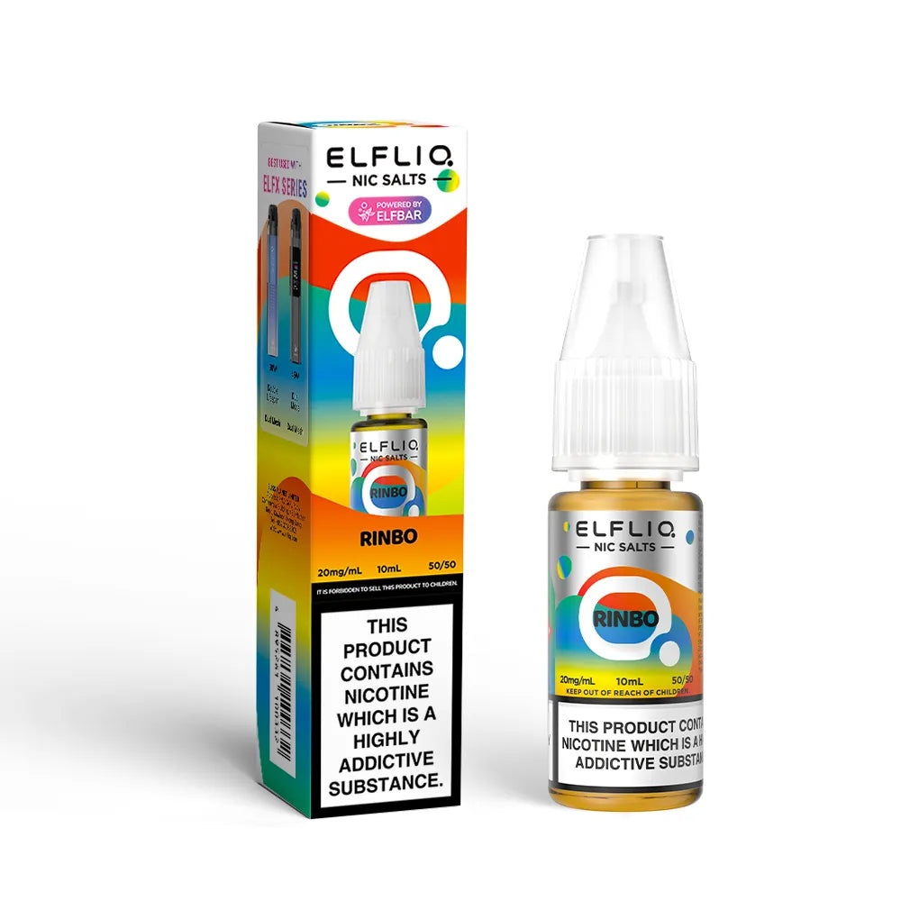 Elfliq Nic Salts Rinbo e-liquid bottle and packaging on a white background