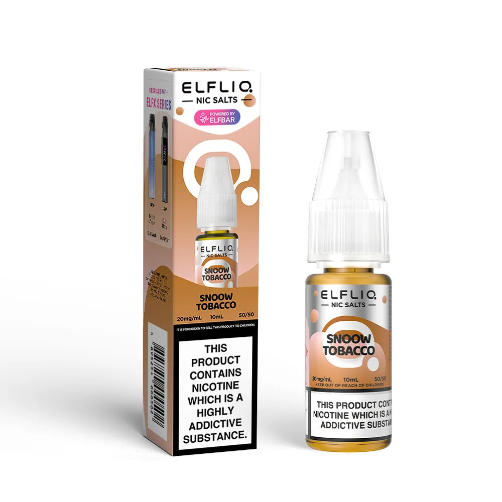Elfliq Snoow Tobacco e-liquid bottle and packaging on a white background