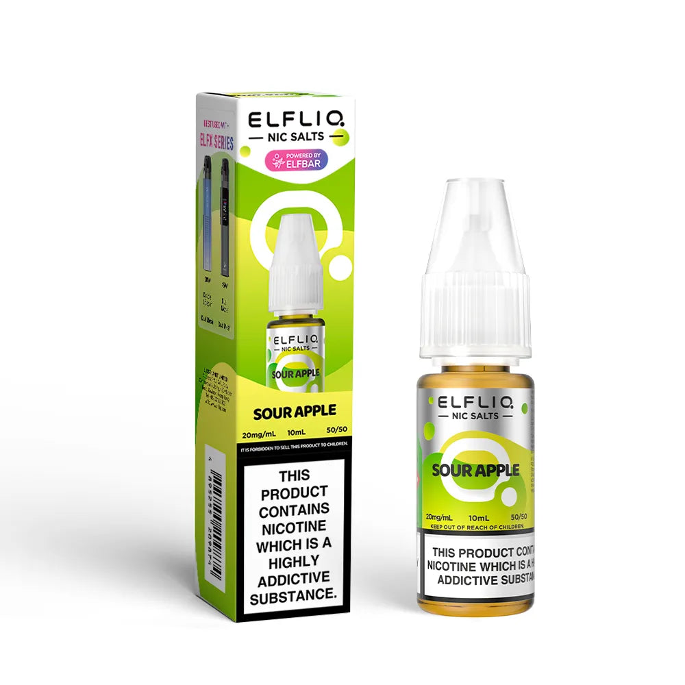 Elfliq Sour Apple nicotine salt e-liquid bottle and packaging on a white background