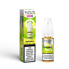 Elfliq Sour Apple nicotine salt e-liquid bottle and packaging on a white background