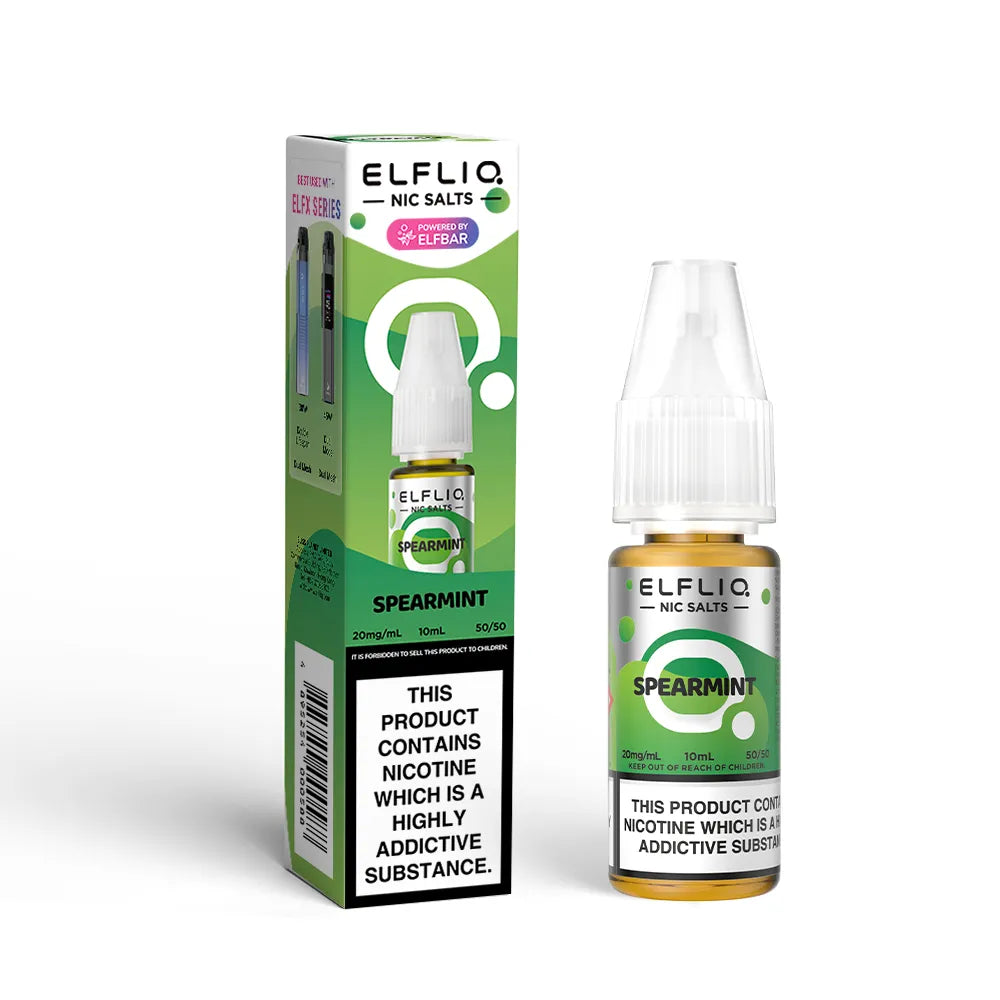 Elfliq Spearmint nicotine salt e-liquid bottle and packaging on a white background