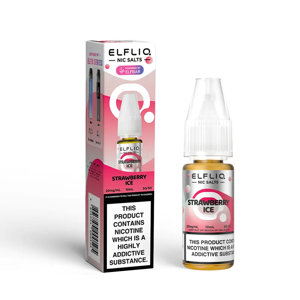Elfliq Strawberry Ice e-liquid bottle and packaging on a white background