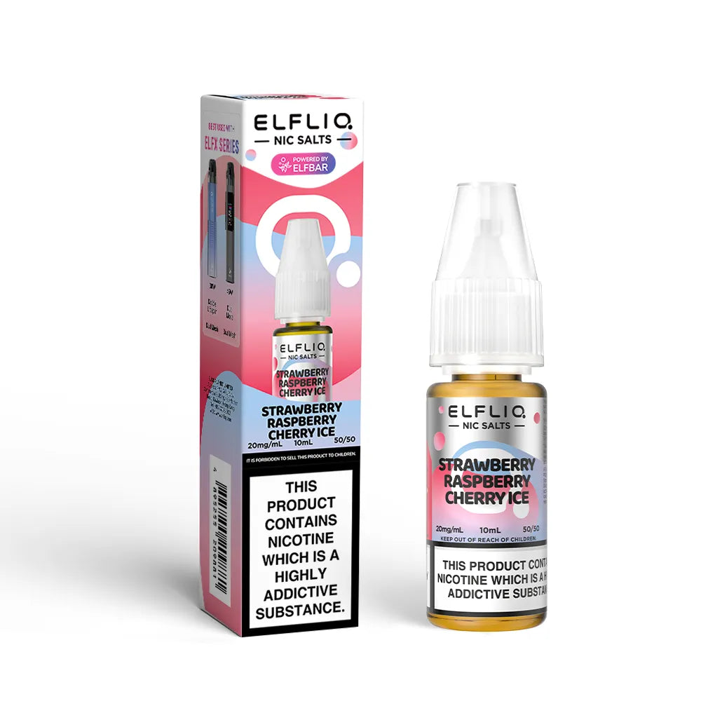 Elfliq Strawberry Raspberry Cherry Ice e-liquid bottle and packaging on a white background