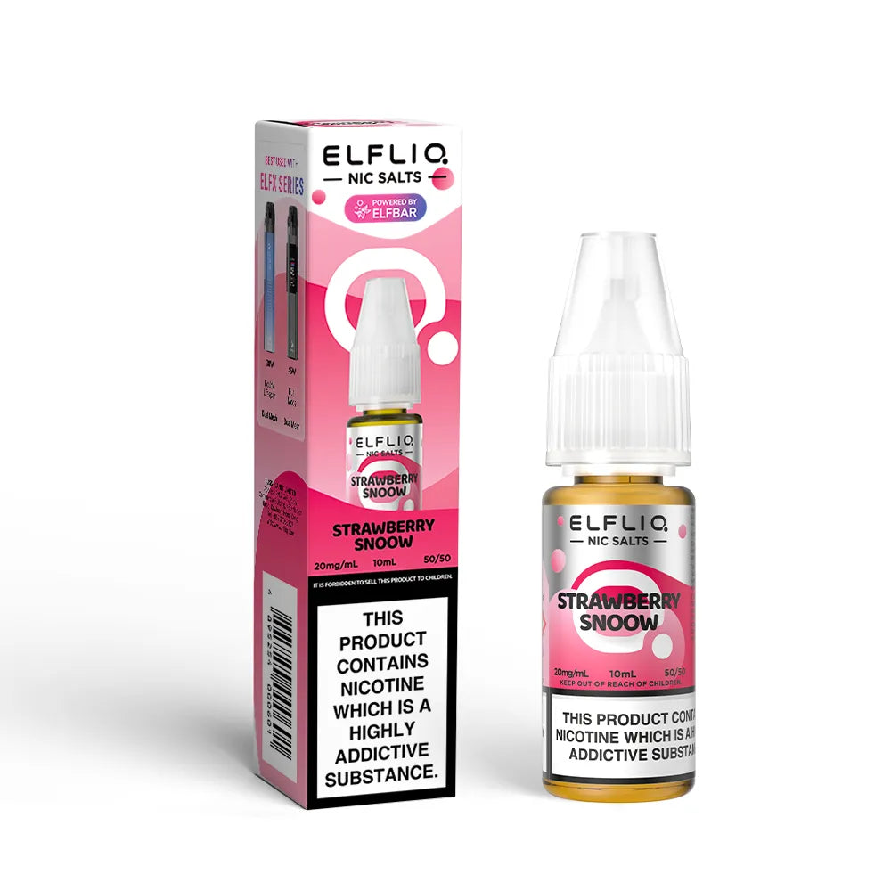 Elfliq Strawberry Snowe vape juice bottle and packaging on a white background