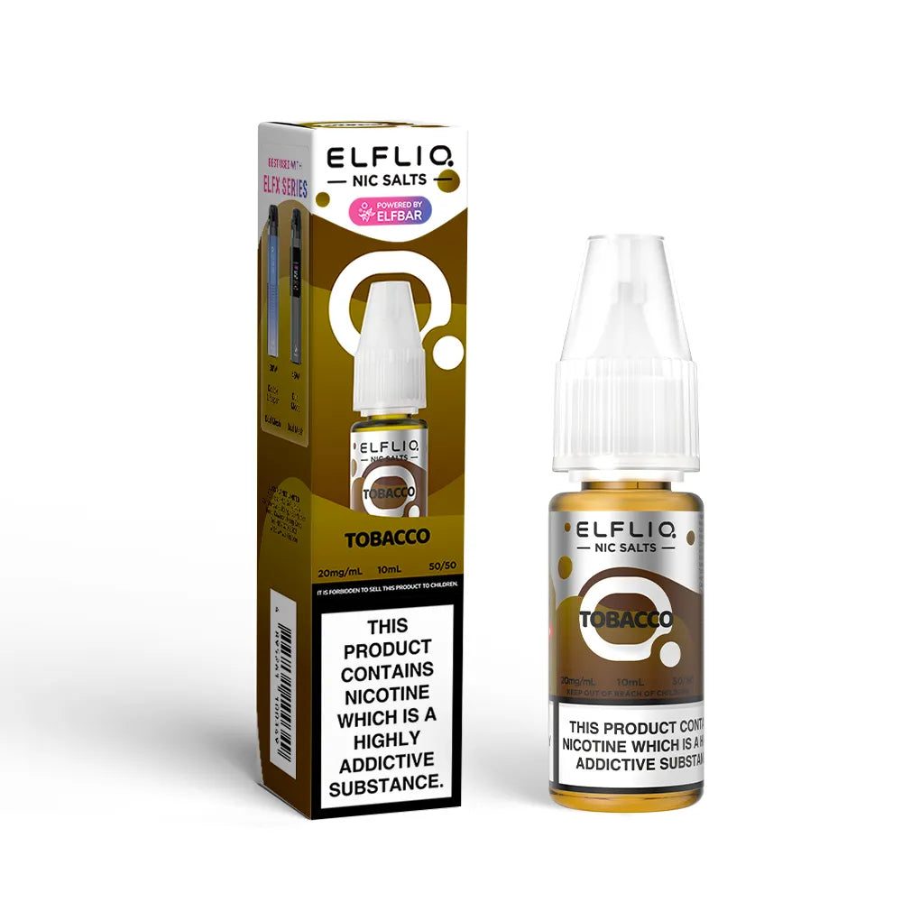 Elfliq Tobacco Nic Salts e-liquid bottle and packaging on a white background