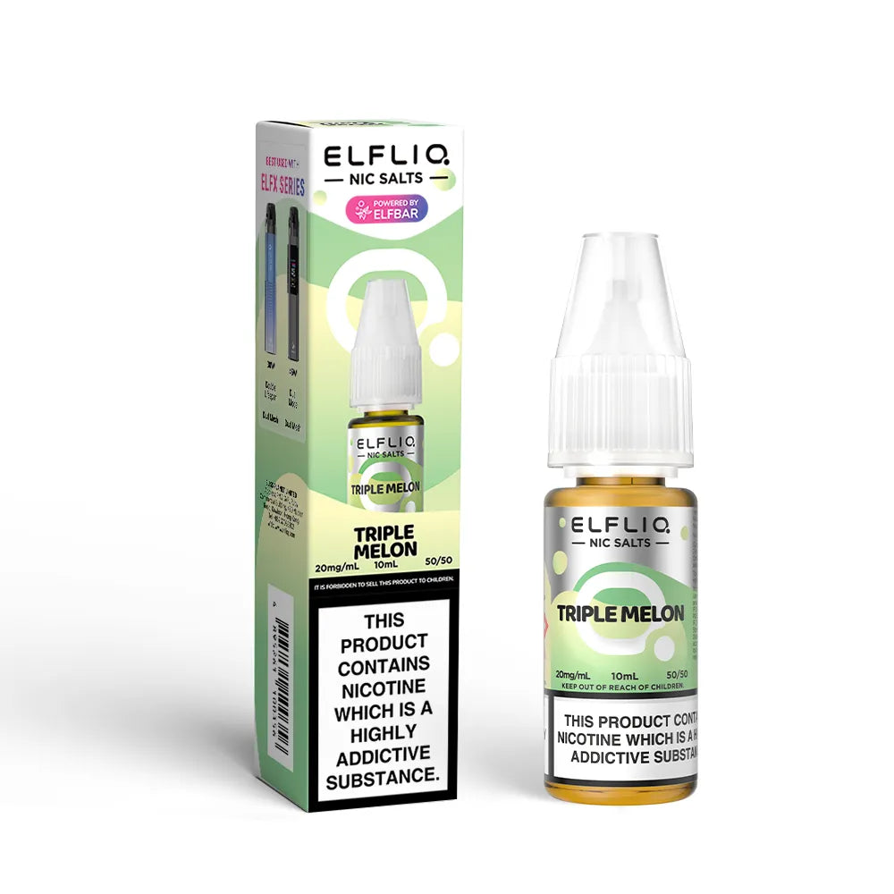 Elfliq Triple Melon nicotine salt packaging and bottle on a white background