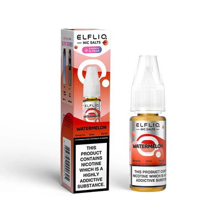 Elfliq watermelon nicotine salt e-liquid bottle and packaging on a white background