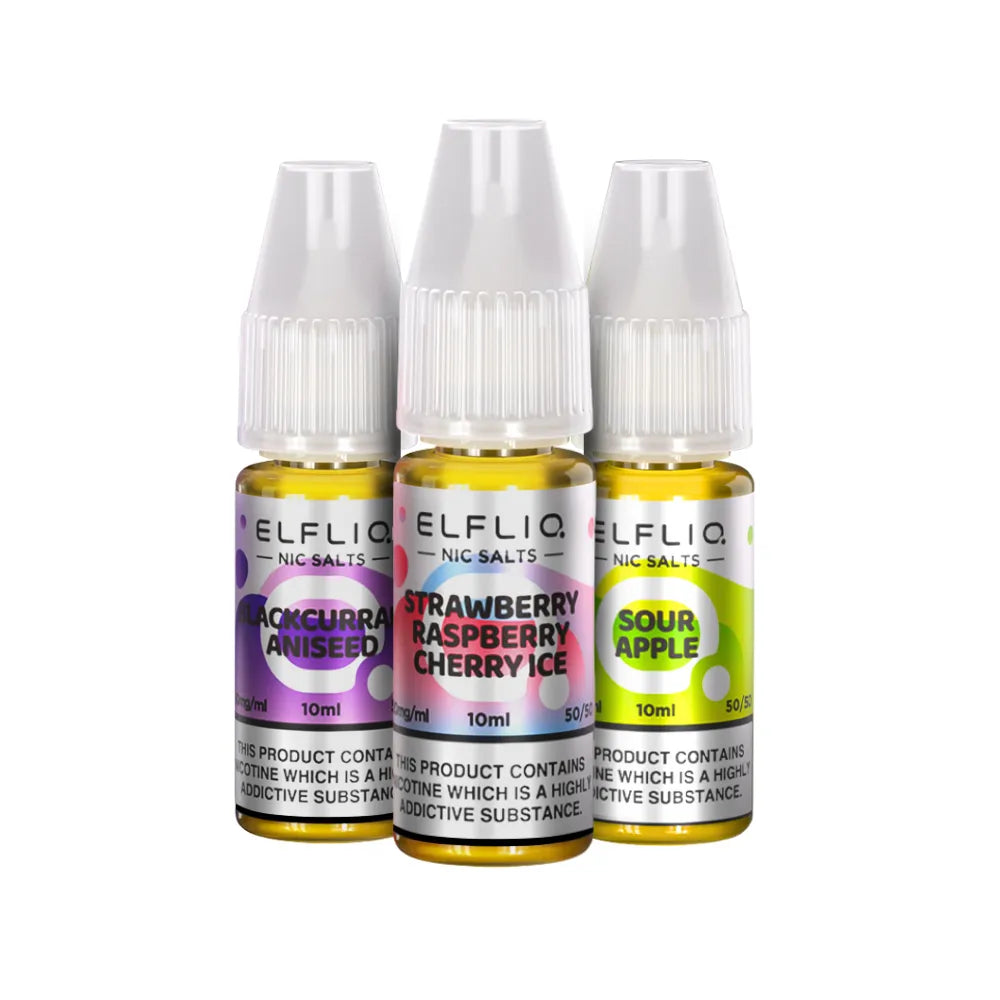 Three bottles of Elfliq e-liquid with different flavors on a white background