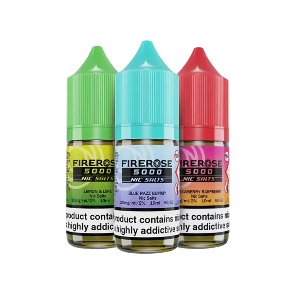 Three bottles of Firerose 5000 Nic Salts on a white background