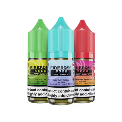 Three bottles of Firerose 5000 Nic Salts on a white background