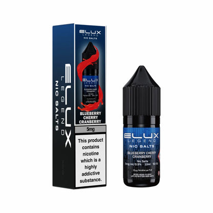 Elux Legend Nic Salts Blueberry Cherry Cranberry vape juice bottle and packaging on a white background