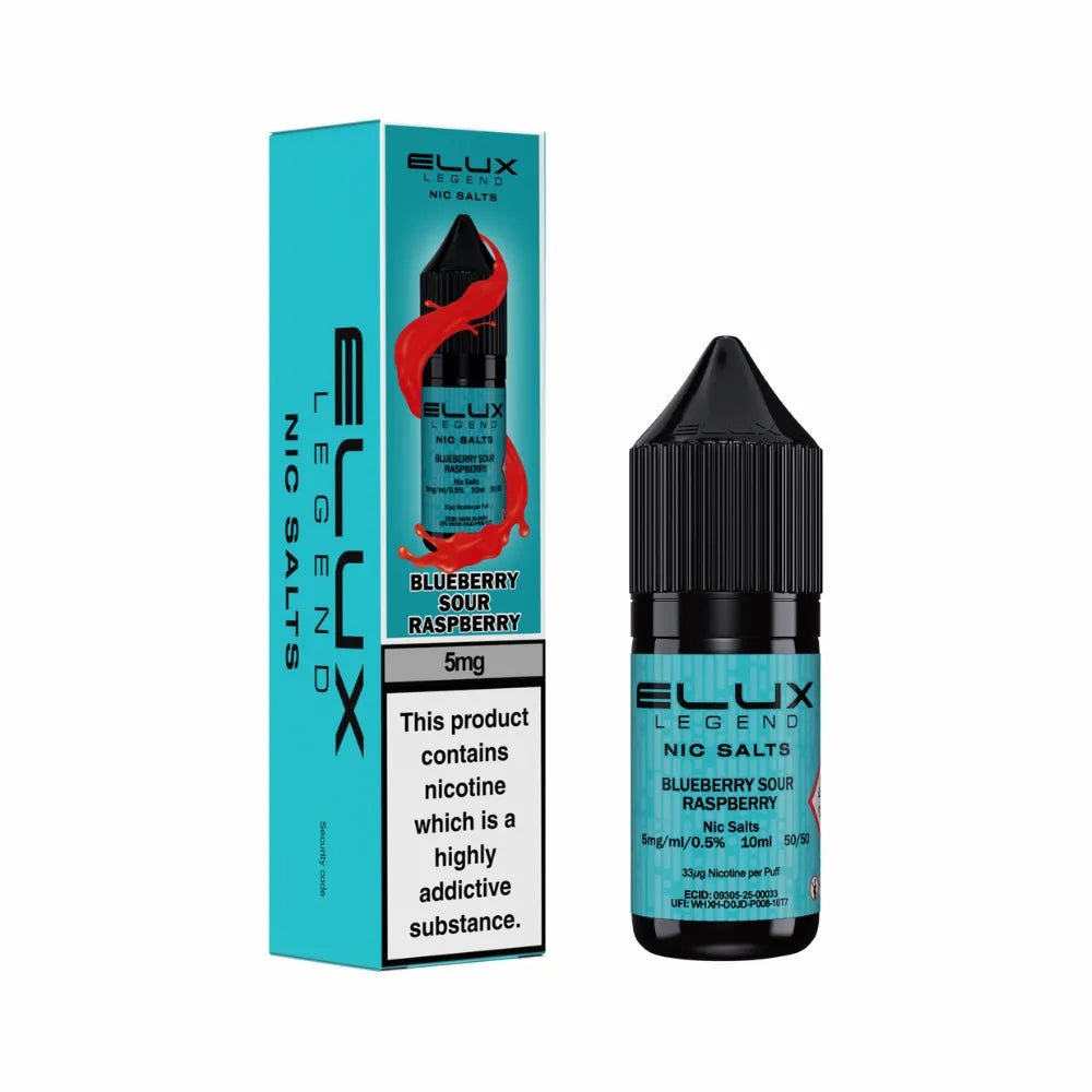 Elux Legend Nic Salts Blueberry Sour Raspberry vape juice bottle and packaging on a white background