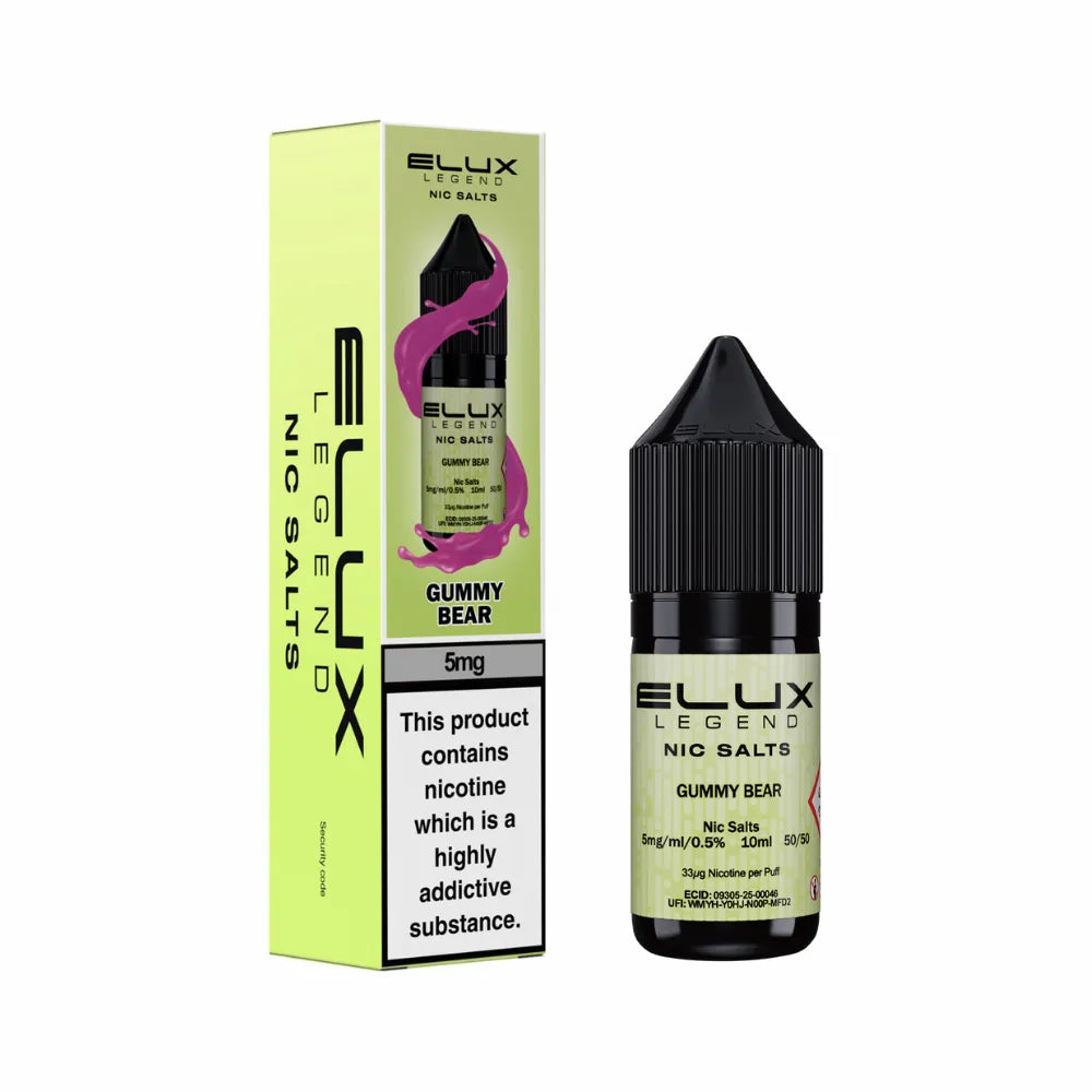 Elux Legend Nic Salts Gummy Bear vape juice bottle and packaging on a white background