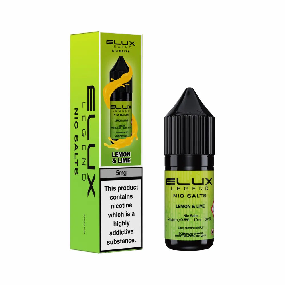 Elux Legend Nic Salts Lemon & Lime vape juice bottle and packaging on a white background