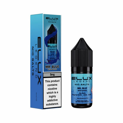 Elux Legend Nic Salts Mr Blue vape juice bottle and packaging on a white background