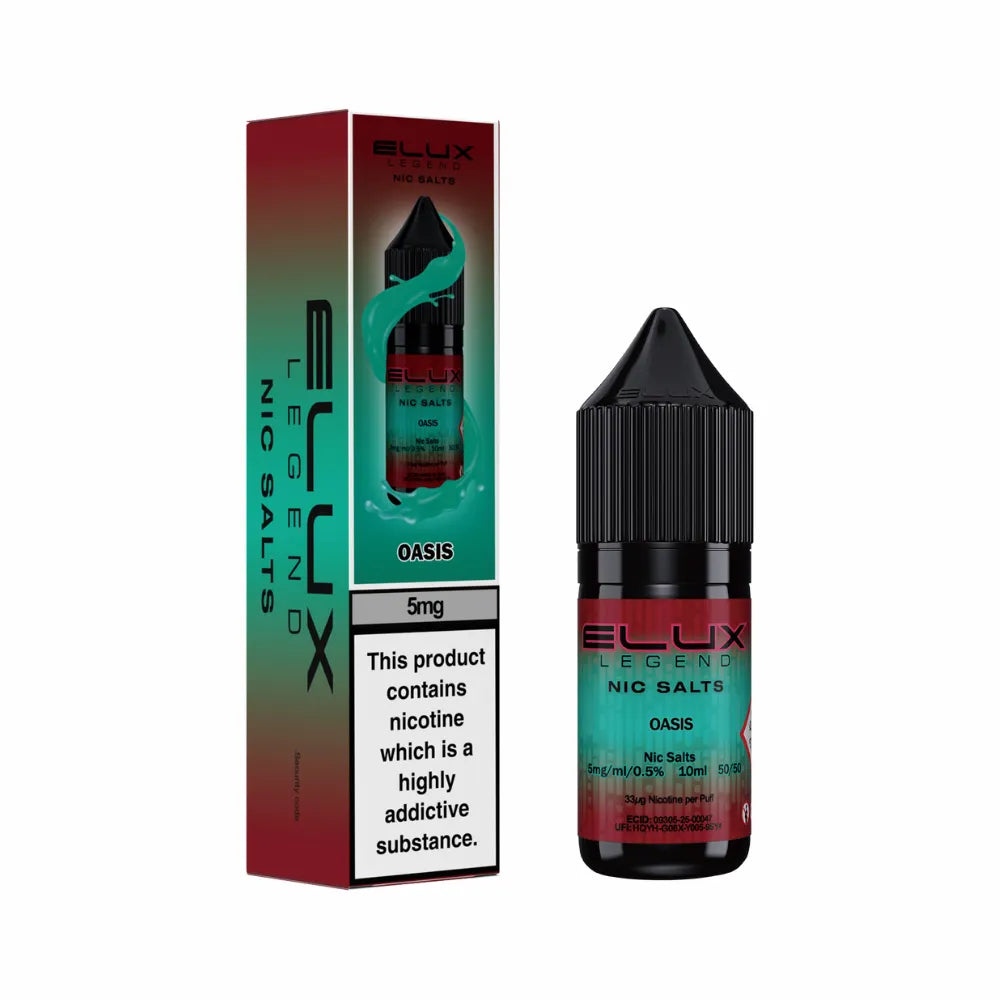 Elux Legend Nic Salts Oasis vape juice bottle and packaging on a white background