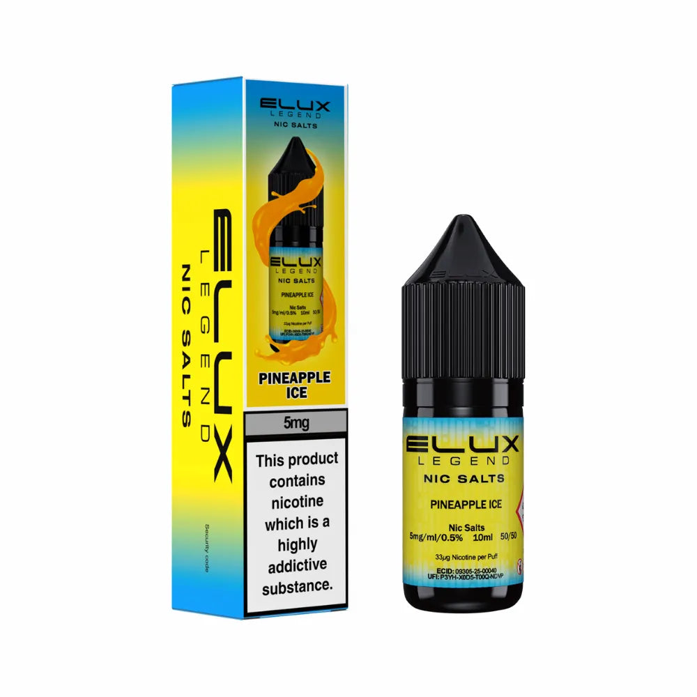 Elux Legend Nic Salts Pineapple Ice vape juice bottle and packaging on a white background