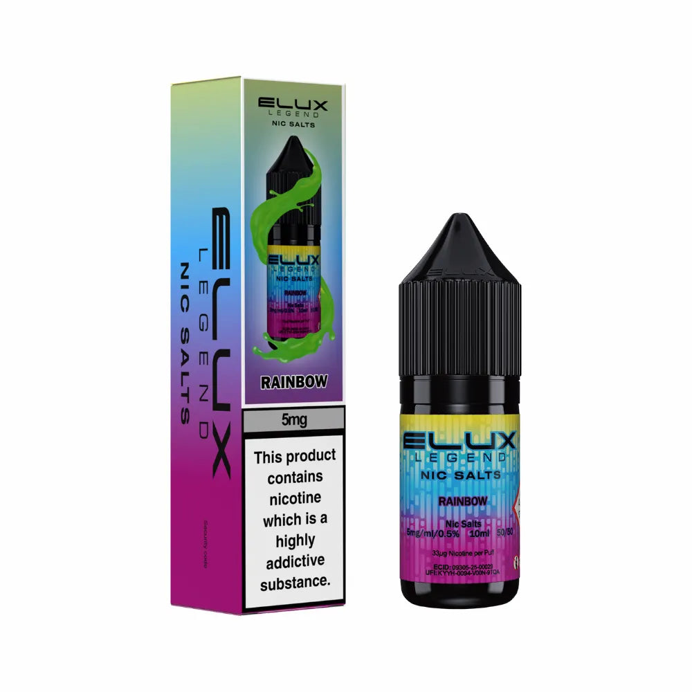 Elux Legend Nic Salts Rainbow vape juice bottle and packaging on a white background