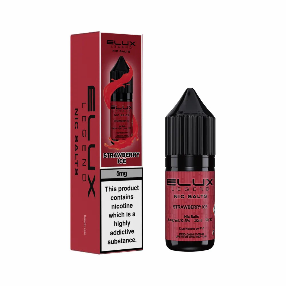 Elux Legend Nic Salts Strawberry Ice vape juice bottle and packaging on a white background