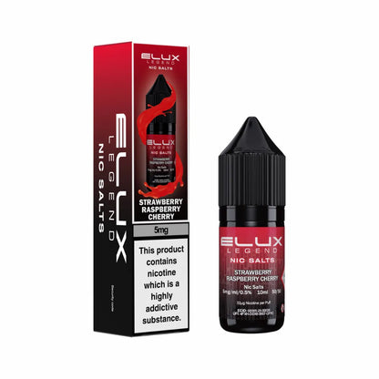 Elux Legend Nic Salts Strawberry Raspberry Cherry vape juice bottle and packaging on a white background