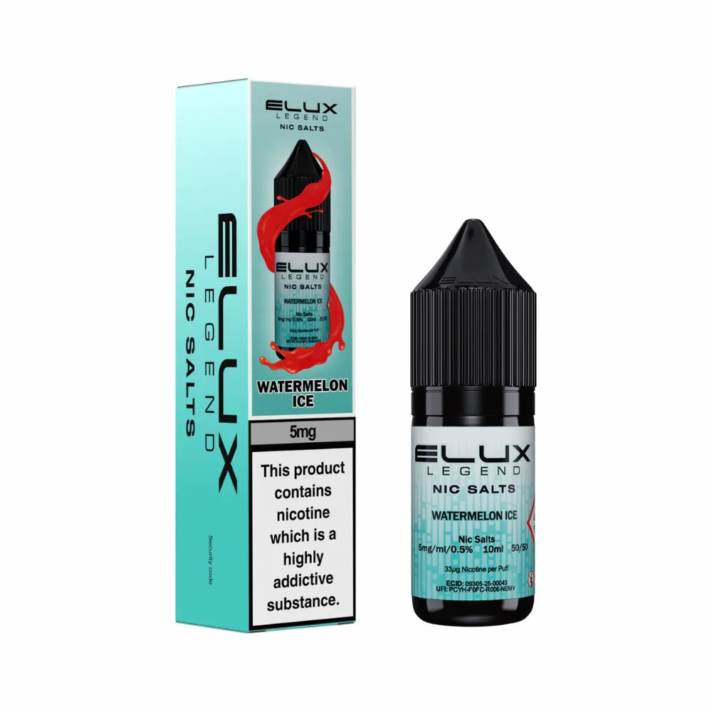 Elux Legend Nic Salts Watermelon Ice vape juice bottle and packaging on a white background