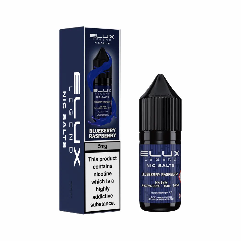 Elux Legend Nic Salts Blueberry Raspberry vape juice bottle and packaging on a white background