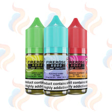 Three Elux Firerose 5000 E-liquids on a white background with UK Vape Supply Logo