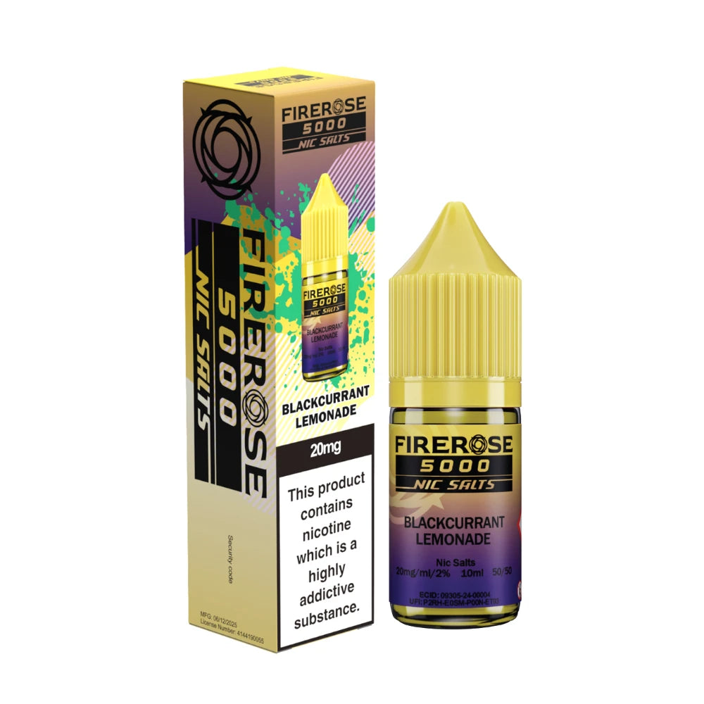 Elux Firerose 5000 nic salt e-liquid bottle in "Blackcurrant Lemonade" flavour with colourful packaging on a white background.
