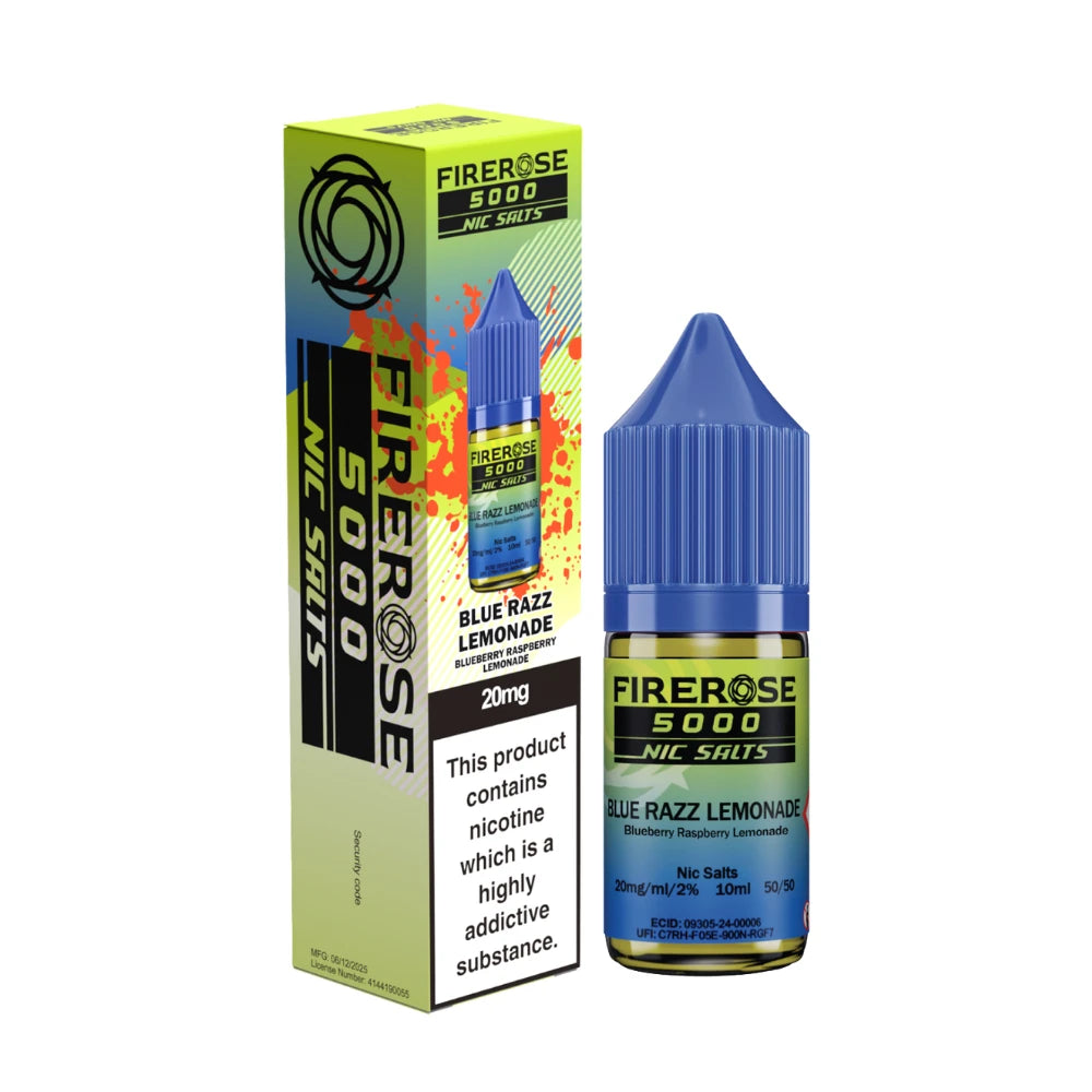 Elux Firerose 5000 nic salt e-liquid bottle in "Blue Razz Lemonade" flavour with colourful packaging on a white background.